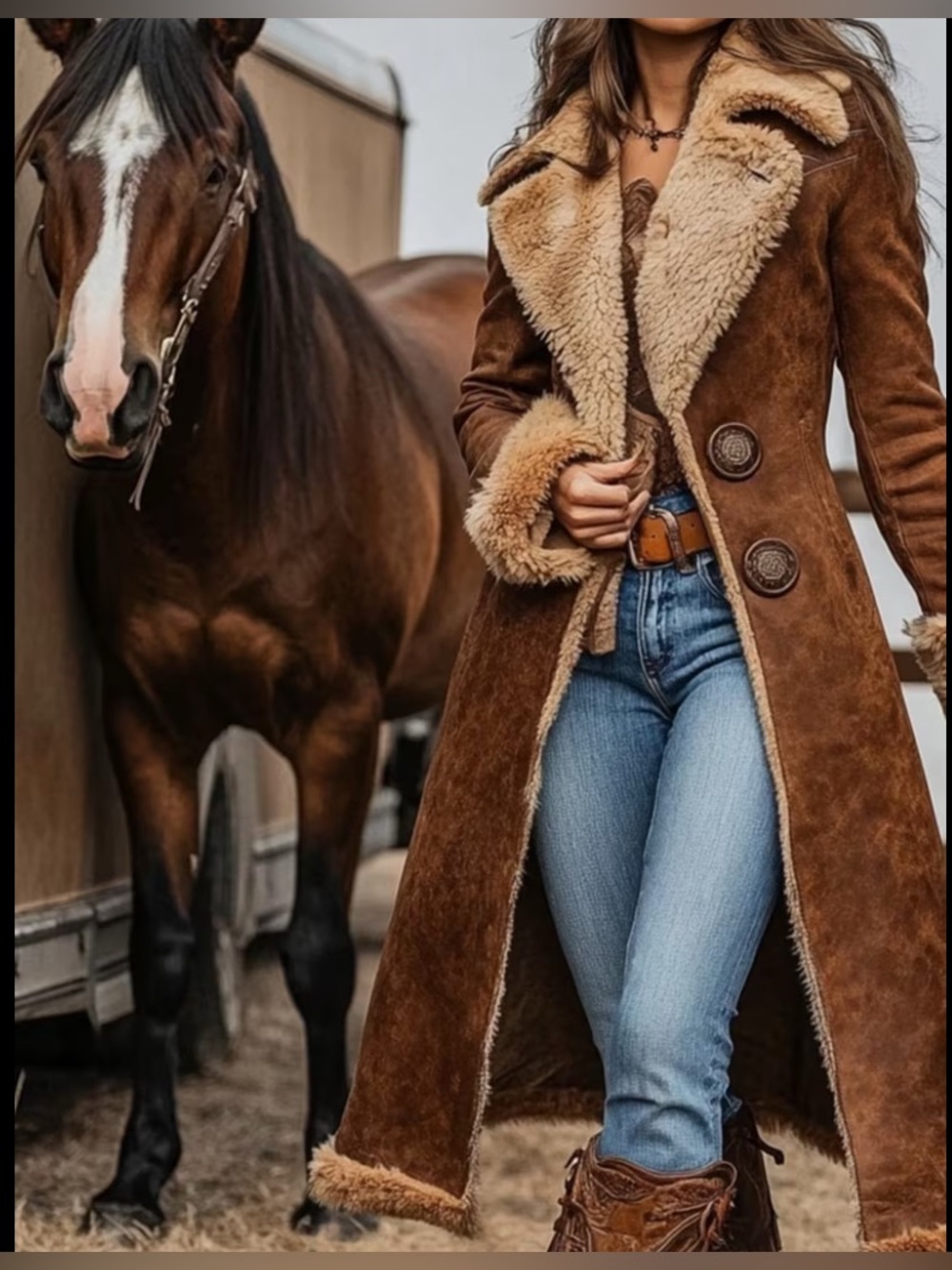 Brown Shearling Long Coat - Women